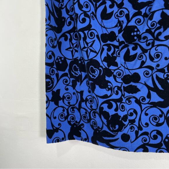 Love Moschino Rockabilly Pinup Blue & Black Flocked Velvet Pencil Wiggle Skirt